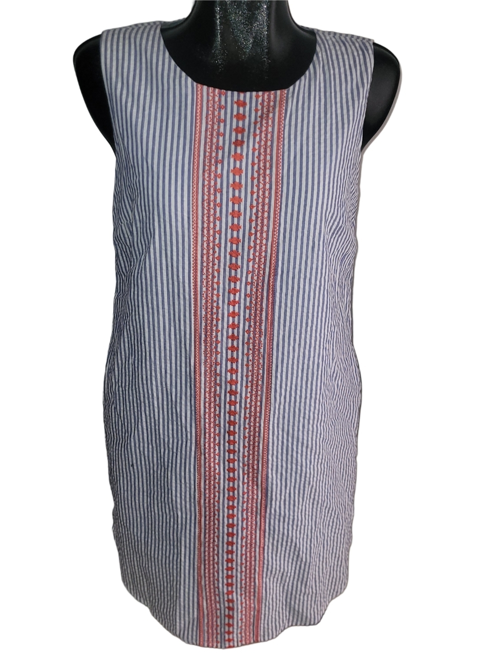 Charlie Paige Striped Sleeveless Shift Dress with Red Embroidered Front Size S